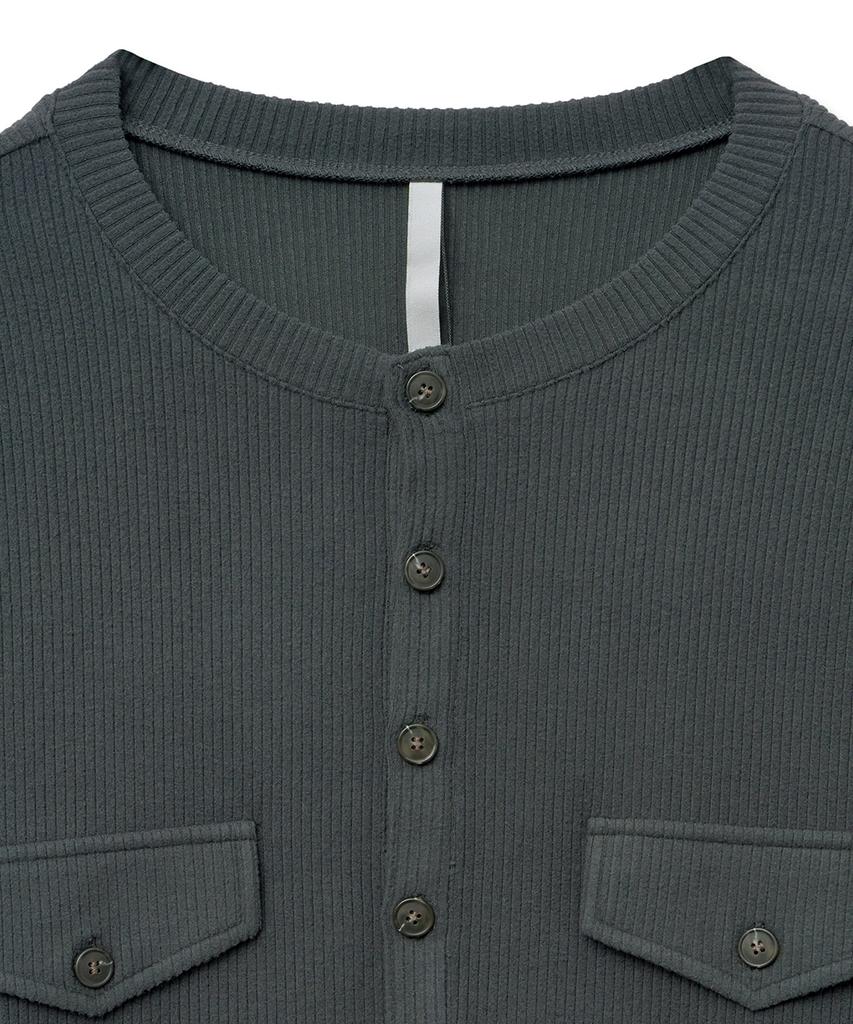 NOIRER Geripptes Henley-Langarm-T-Shirt (Dunkelgrau)