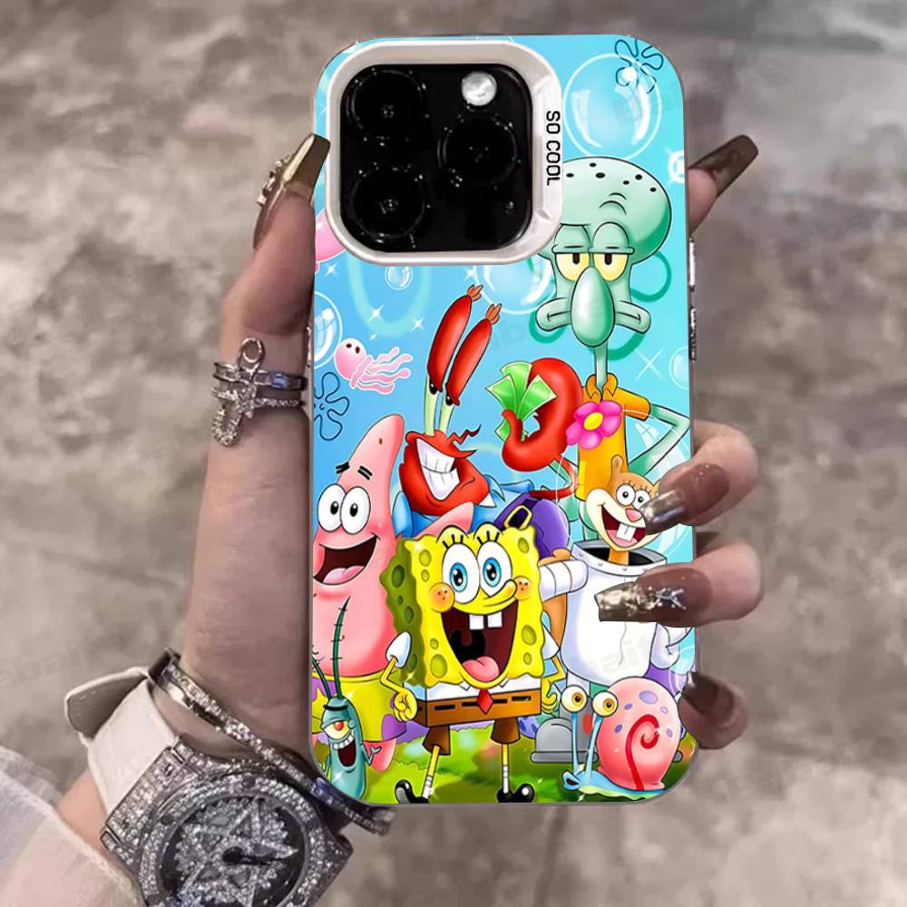 Cartoon Niedlich S-SpongeBob Anime Handyhülle Für IPhone 17 16 15 14 11 12 13 Pro Max Pro Plus Farbige Silberne Hülle