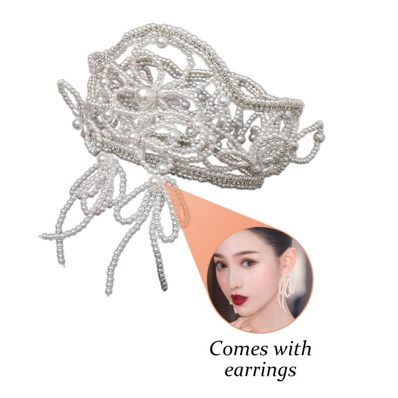 Delicate Hairband Earrings Jewelry Set Sparkling Ear Accessory Adjustable Bridesmaid Wedding Hairband with Pearls Bead
