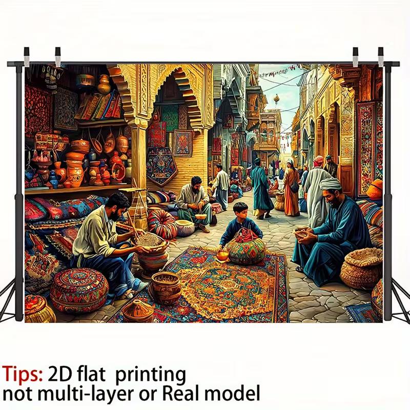 2D Detailed Oriental Market with Rugs, Pottery and Artisans Background