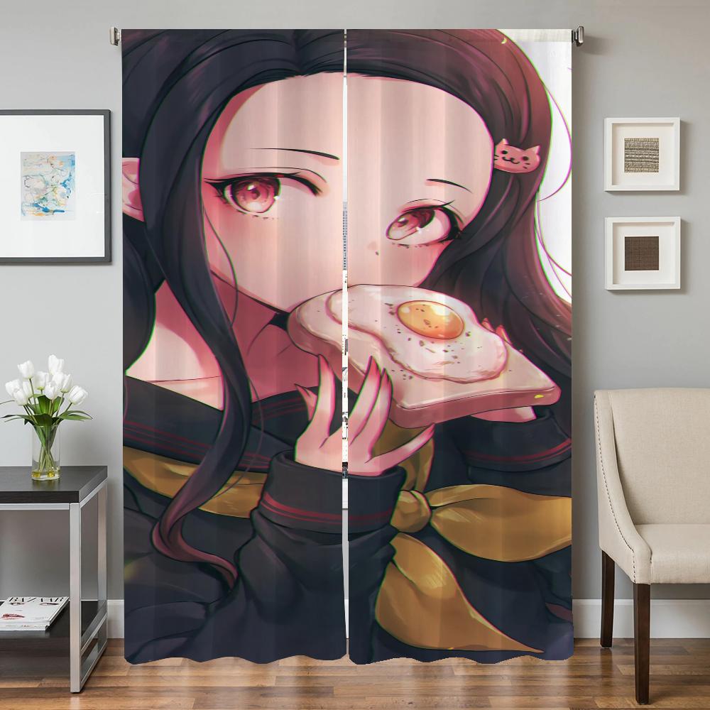 Set Of 2 Window Kitchen Curtains Living Room Door Curtain Demon Slayer Bedroom Decoration Partition Darkening For Area Made Polyester