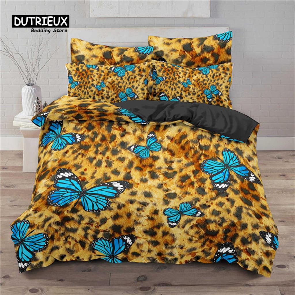 Soft Butterfly Bedding Set Microfiber Leopard Print Background Duvet Cover Set For Adult Bedroom Decor As Greetings and Presents