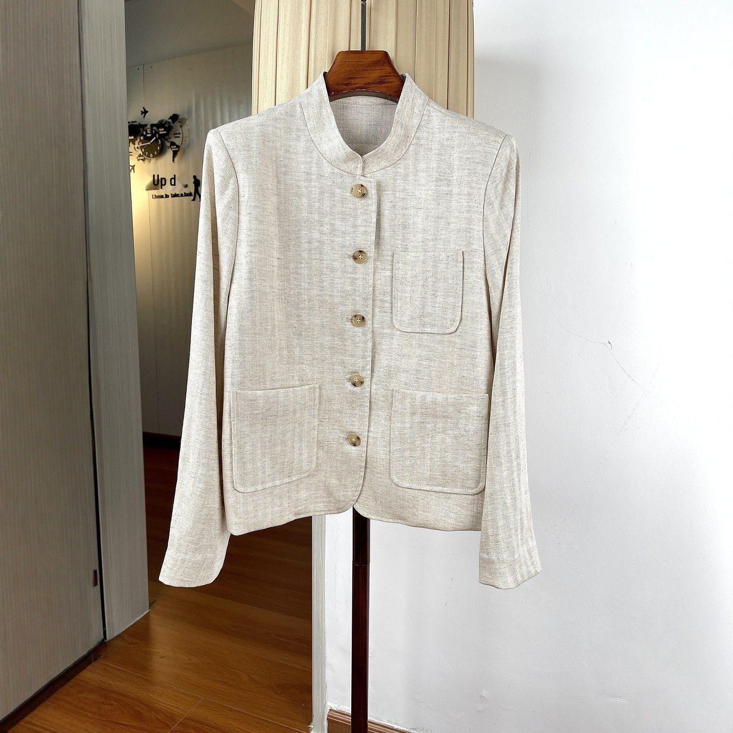 Women s Neutral Stand Collar Linen Suit Jacket - Professional Spring 2026 Collection Small