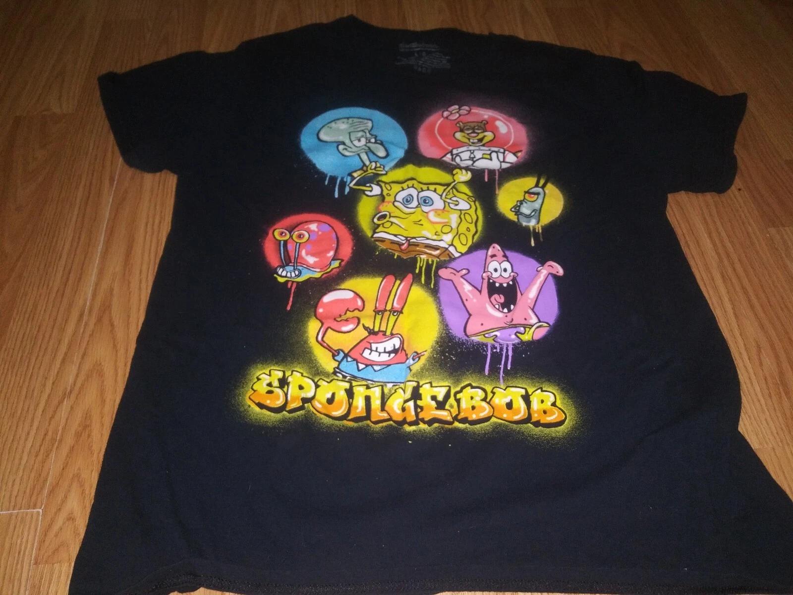 Nickelodeon Spongebob SquarePants Characters Mens Black 100% Cotton T-shirt Mens Tees Top Size Large M