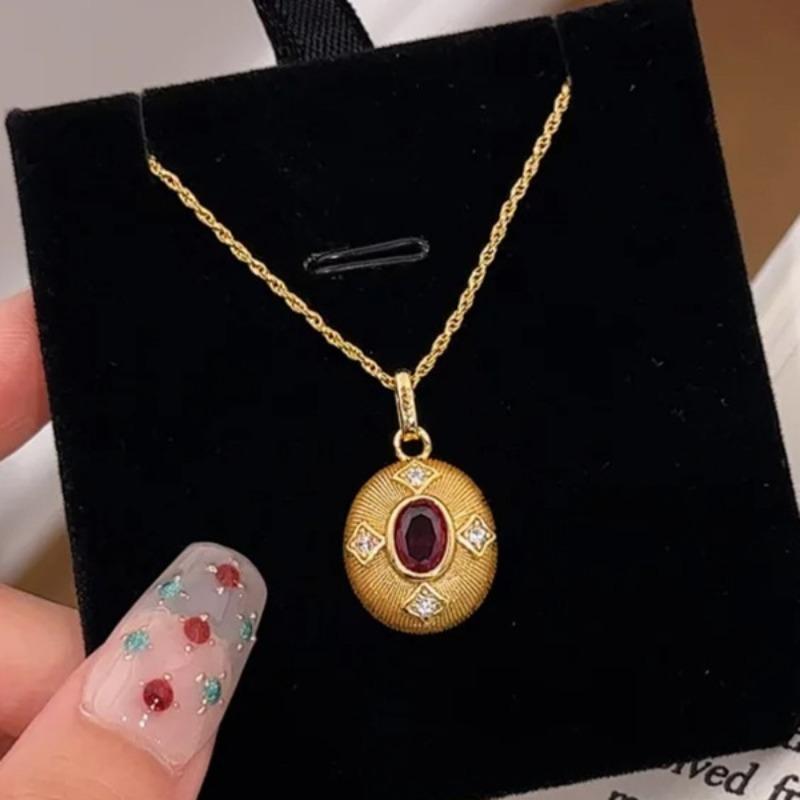 Classic charm trend light luxury wire drawing ruby collar chain design inlay diamonds oval necklace fashion red pendant