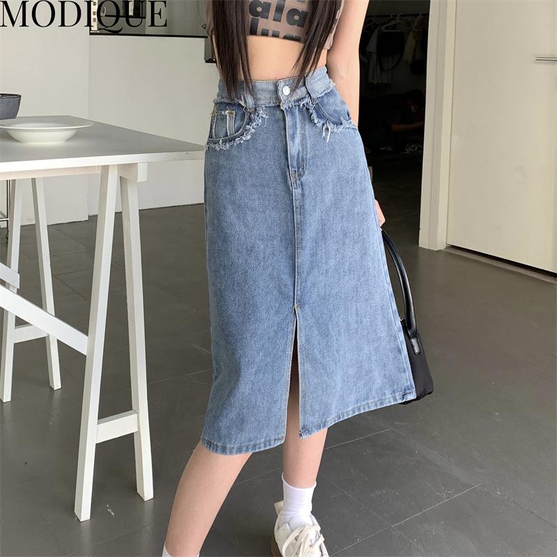 MODIQUE Summer Shorts Skirt Women Elastic Loose Casual Vintage Female A-Line Solid Sweet High Waisted Denim Skirt Blue