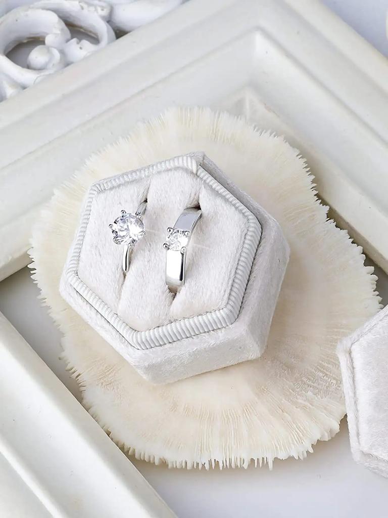 1pc-Velvet Double Ring Box Hexagon Wedding Ceremony Ring Box with Detachable Lid Box