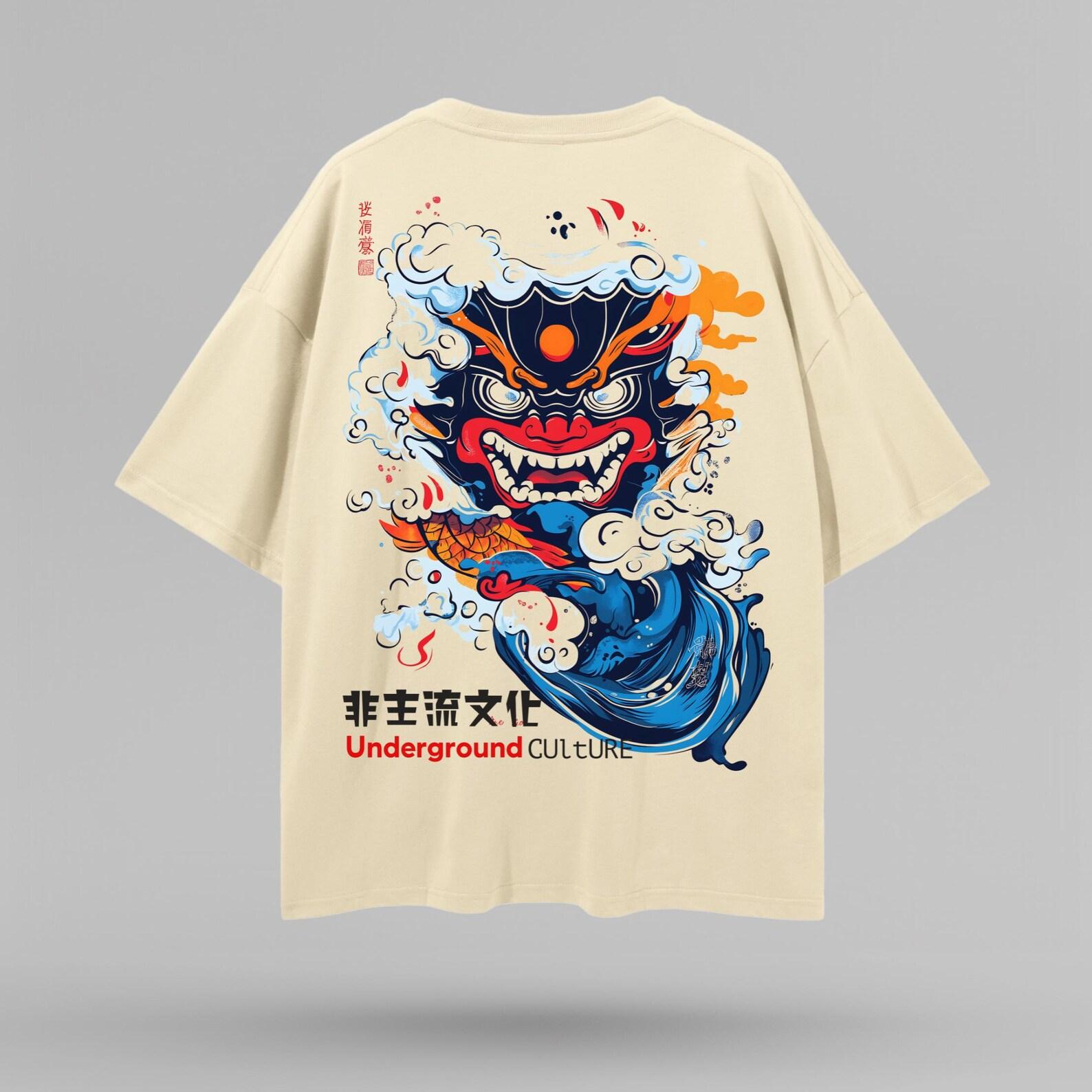 Japanese Dragon Streetwear Oversize Deep Drop Shoulder Tee, Japanese Aesthetic, Harajuku Dragon Design, Colorful Japanese Streetwear L