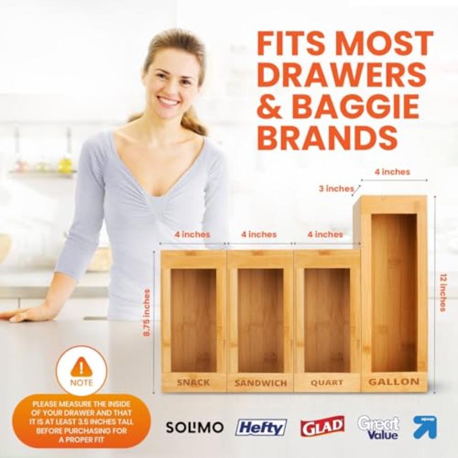 mHomeAid Bag Storage Organizer Bamboo Food Plastic Baggie Holder Dispenser Container for Kitchen Drawer Fits Ziplock Gallon Qua