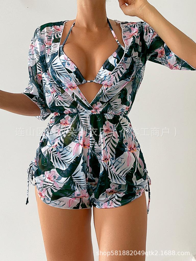 Swimsuit Beach Sunscreen Tropical Plant Printed Blouse Swimsuit Women's Three-piece Neck Bikini