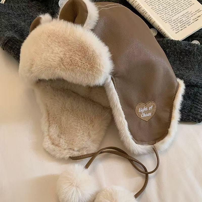 Women's Cute Brown Leather Teddy Bear Ear Hat - Warm, Thick Plush for Cycling, 2025 Autumn/Winter Ear Protection.