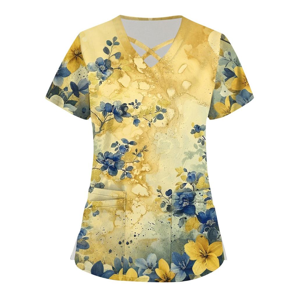 Women's Short Sleeve Stagger V Neck Print Pocket Dry-nurse Top