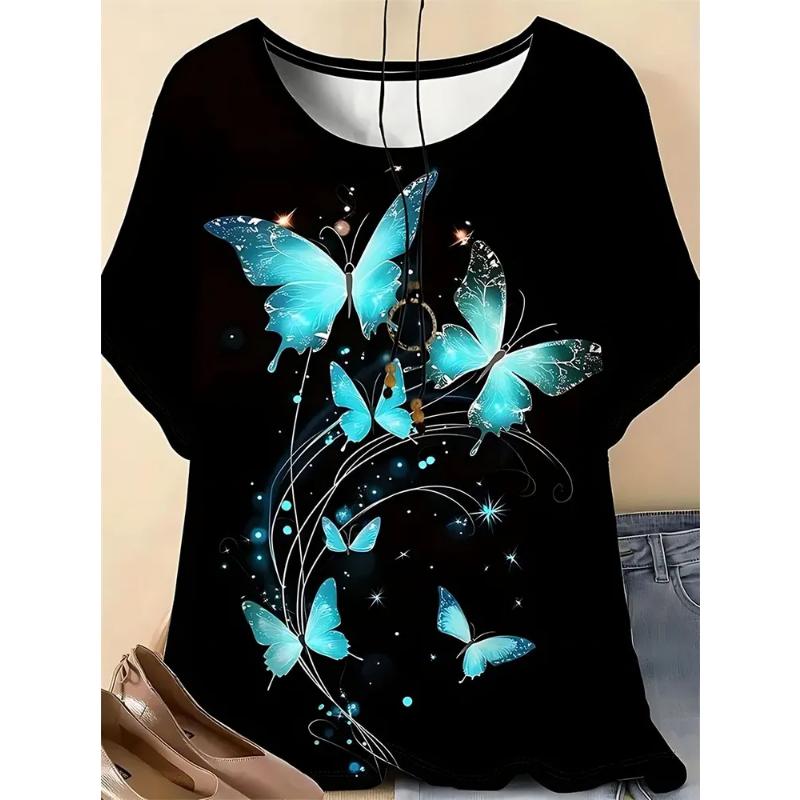 Fashion Women's Crew Neck Short Sleeve 3D Flower Color Printing Flower Short Sleeve Crew Neck T-Shirt