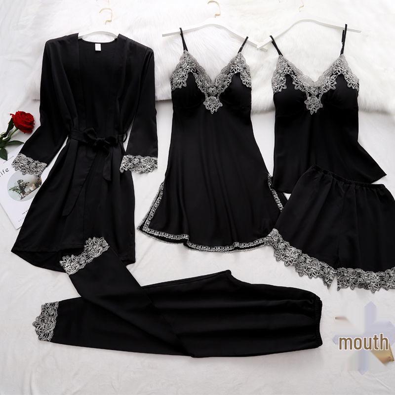 Frühlings-/Sommer Damen Seidig Weiches Pyjama-Set: Sling, Nachthemd, 5-teilige Homewear