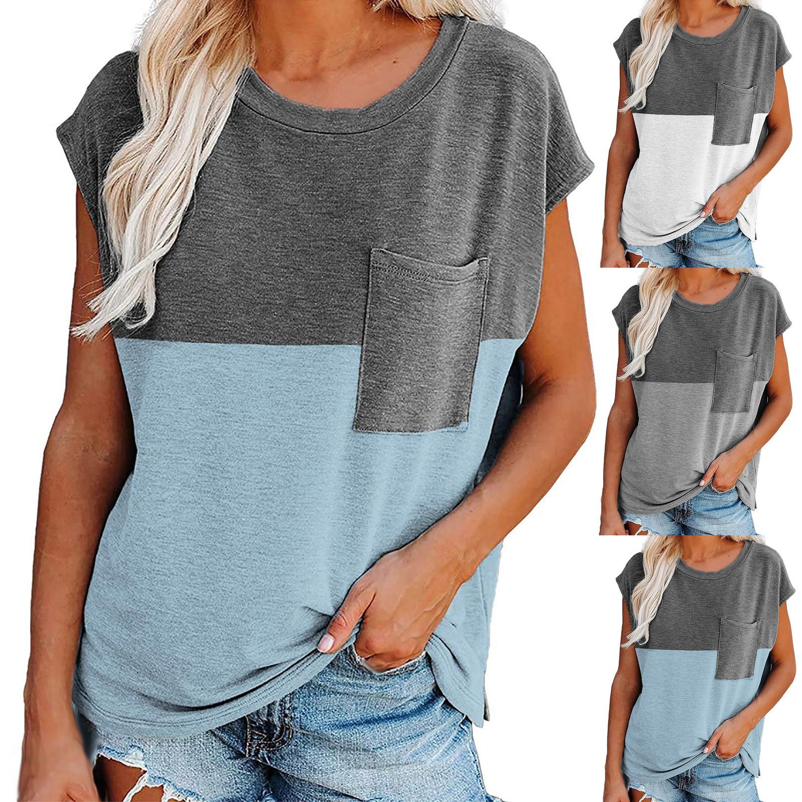 

Женский модный топ с круглым вырезом и цветным накладным карманом с коротким рукавом