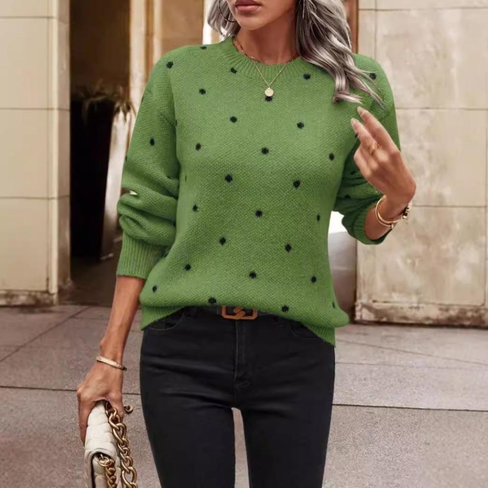 Women's Crew Neck Long Sleeve Polka Dot Jacquard Knit Pullover Sweater Casual Autumn Top