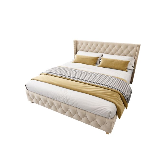 Lit - MUVOE - 180x200 cm - Rembourré - Tête de lit avec boutons - Beige clair