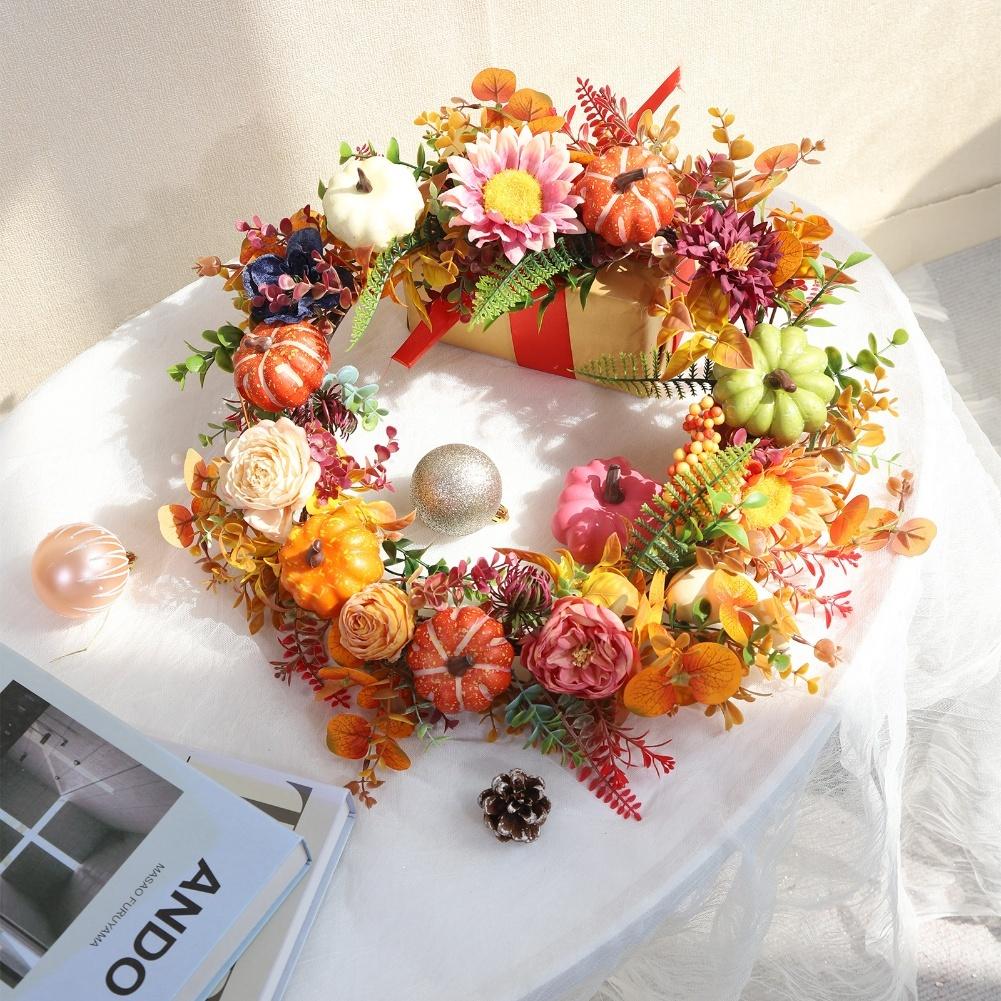 1 Pcs Fall Wreath Vibrant 18'' Fall Wreath With Pumpkins & Flowers - Perfect For Thanksgiving Artificial Flowers Decorations