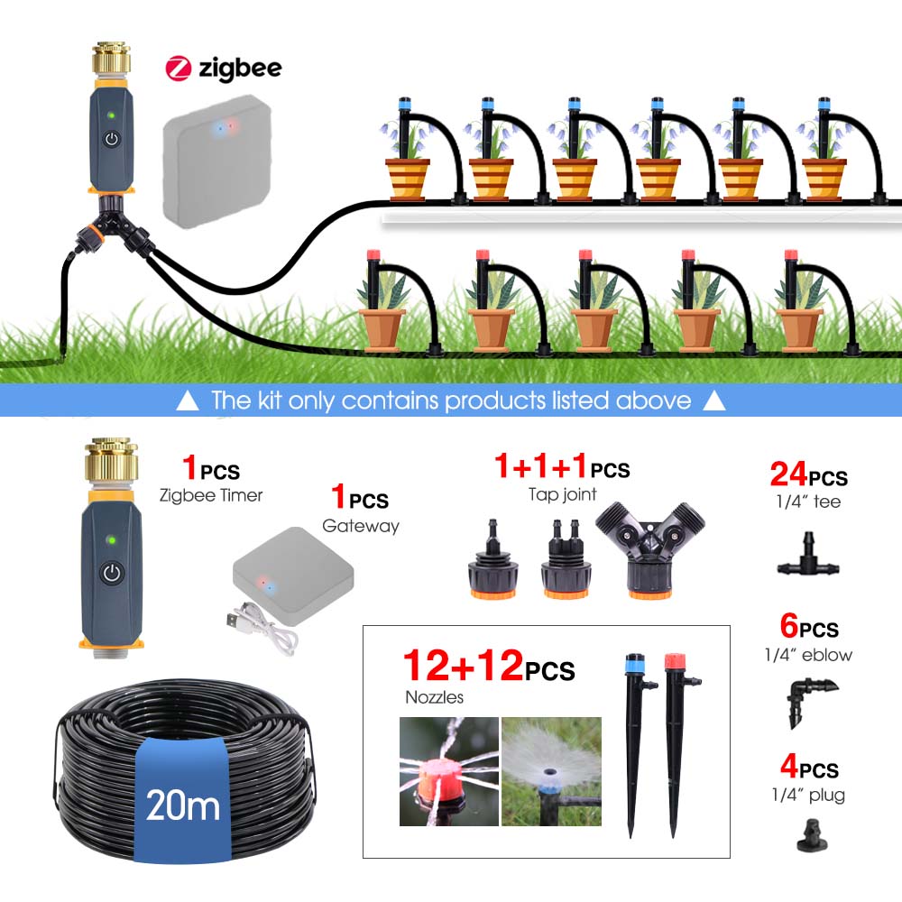 

20m Garden Zigbee Timer Multiple Types of Sprinkler Irrigation Kit 1/4 Hose Smart Application Remote Control Watering System