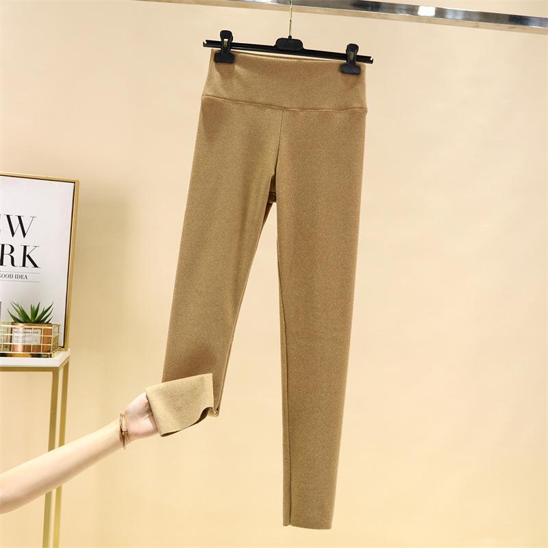 Women's High-Waisted Fleece-Lined Seamless Cotton Trousers – Warm, Tight-Fit, Thickened Base Layer for Autumn/Winter