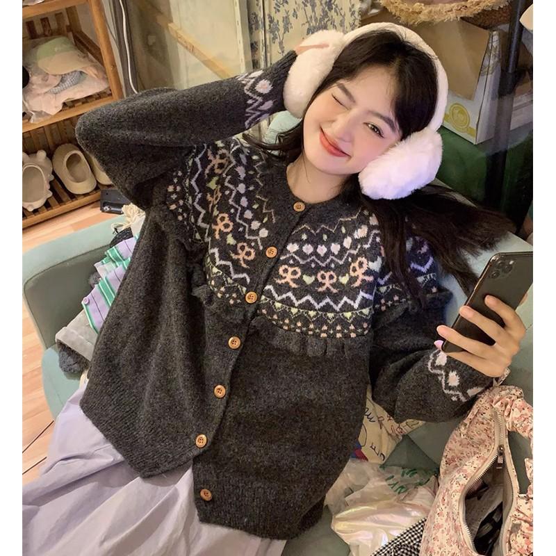 

Premium New Autumn Women s Top Loose Fair Island Sweater Jacket Long Sleeve Skinny Knitted Cardigan Women One Size серый