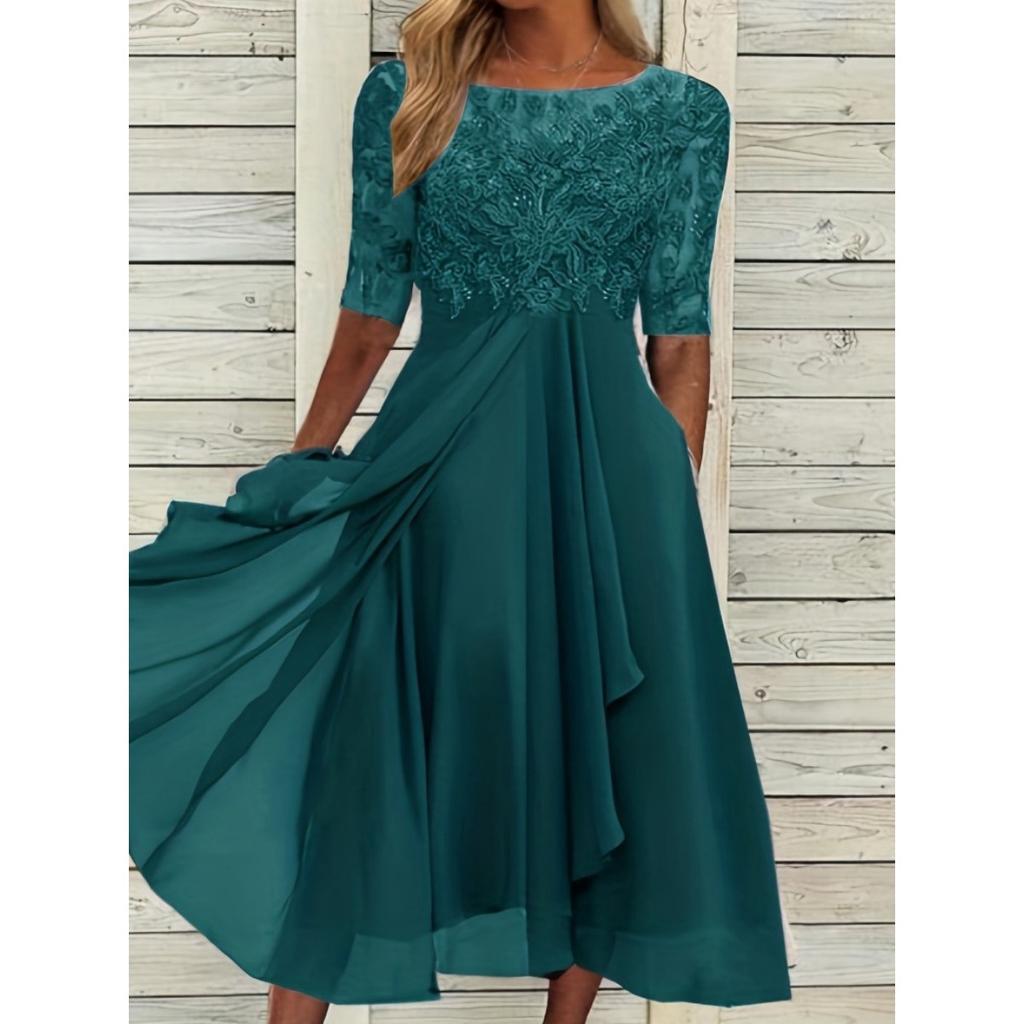 Women's Chiffon Patchwork Lace Hollow Out Long Dress Bridesmaid Evening Party Gown European Style Crossbody Dress for Formal Occasion