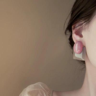 Rose Pink French Retro Earrings Resin Contrasting Square Earrings High-end and Stylish Accessories