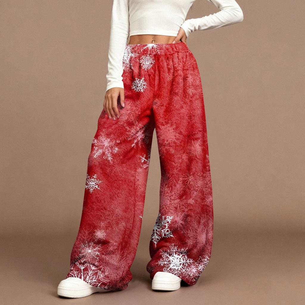 Women's Casual Fashion Christmas Print Elastic Waist Loose Plush Wide Leg Pants