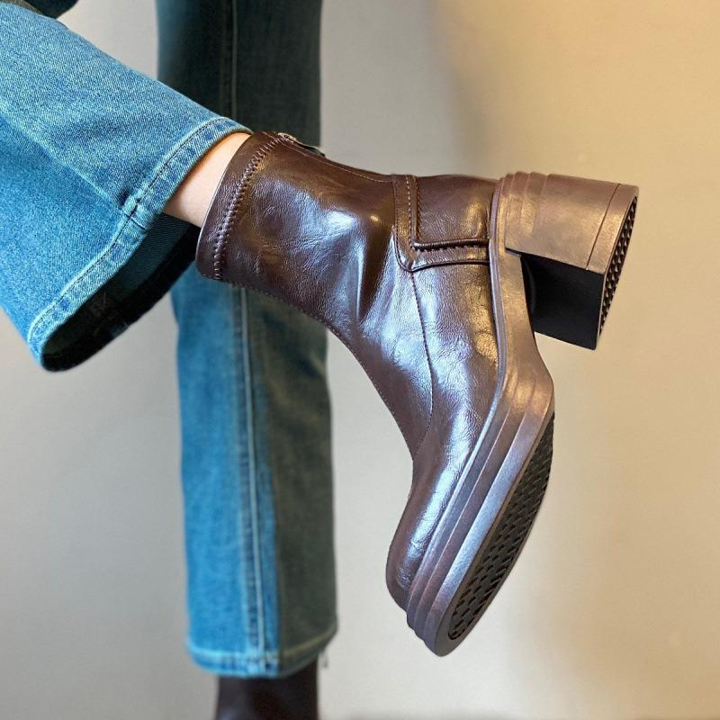 Cowhide version~ Small height-increasing short boots women's thick sole. cm waterproof table slim Martin boots rear zipper boots