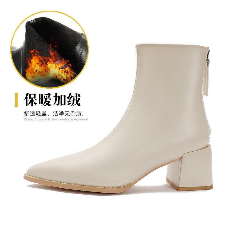 Coarse Heel Short Boots Women's Medium Heel Soft Leather Rear Zipper Medium Tube Fashion Boots 2025 New Women's Boots Pointed Thin Boots