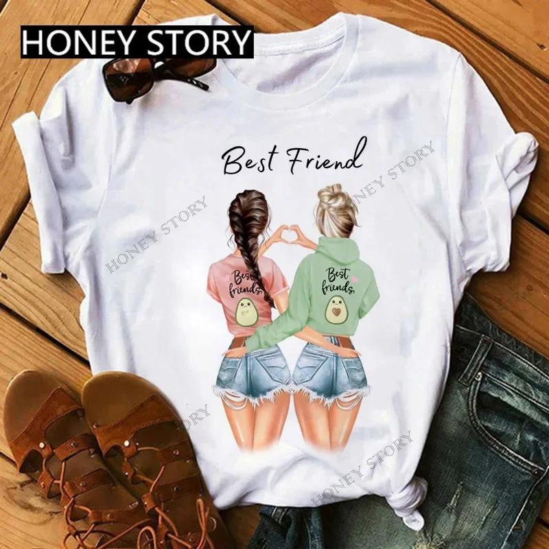 Summer Fashion Best Friends T-Shirt Short Sleeve Graphic Tees for Ladies Good Friend Bestie Sister Outfit Polyester Fabric