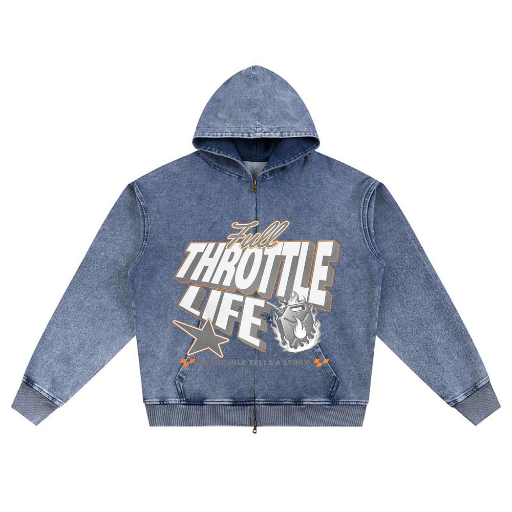 DTG print Knitted Denim Zip-Up Hoodie Full Throttle Life Brother Print Zipper Hoodies