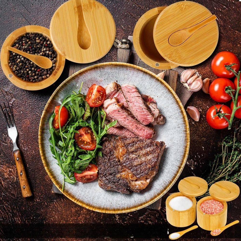 Kryddförvaringsburkset i bambu Träsockerburk med lock Fuktsäkert ställ Salt- och pepparkryddburk Skål Återanvändbar