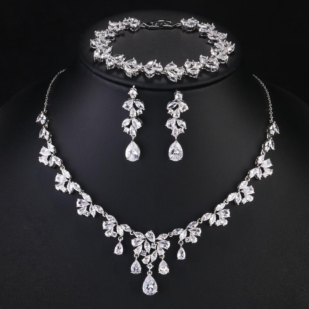 ZAKOL Luxury Cubic Zirconia Necklace Earrings Rings Set for Women Shinny Water Drop Leaf CZ Bridal Wedding Jewelry Sets