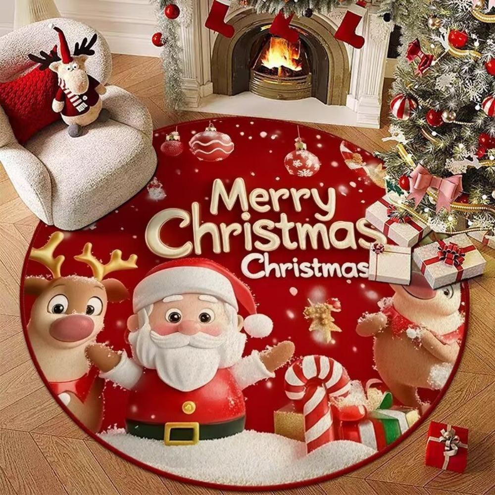 Santa Claus Polyester Christmas Round Mat Snowflake Print Snowman Cartoon Round Rug Anti-Slip Round Carpet Home Decor