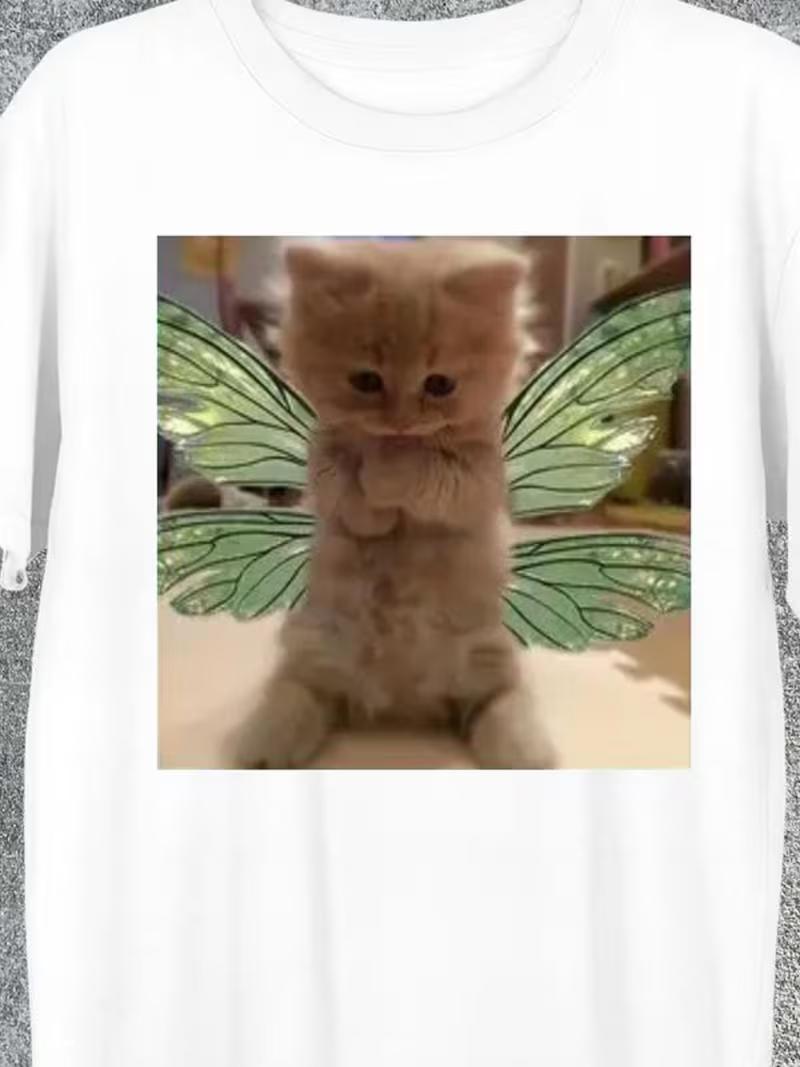 

Humorous Cat Meme TShirt Black Casual Short Sleeve with Witch Hat Design Cat Fairy Round Neck Tops Suitable for All Seasons S