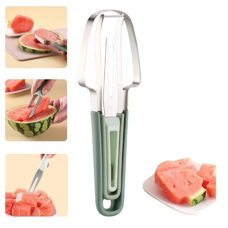 Kitchen 3-in-1 Watermelon Popsicle Cutting Tool, Stainless Steel Fruit Clip, Digging Block, Multifunctional Household Fruit Divider