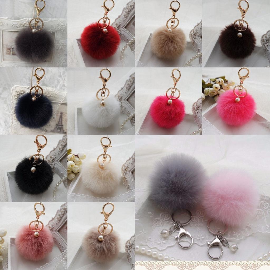 Luxurious Charm Key Ring Rabbit Fur Ball Pompom For Cell Phone And Car Keychain