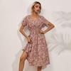 Women Floral Print Long Dress Summer Fall Casual V-neck Short Sleeve High Waist Slim A-Line S-XL