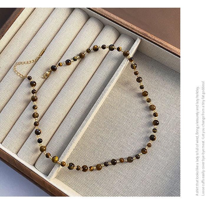 Retro Handgefertigte Perlenkette mit Tigerauge & Imitationsperle im Maillard-Stil