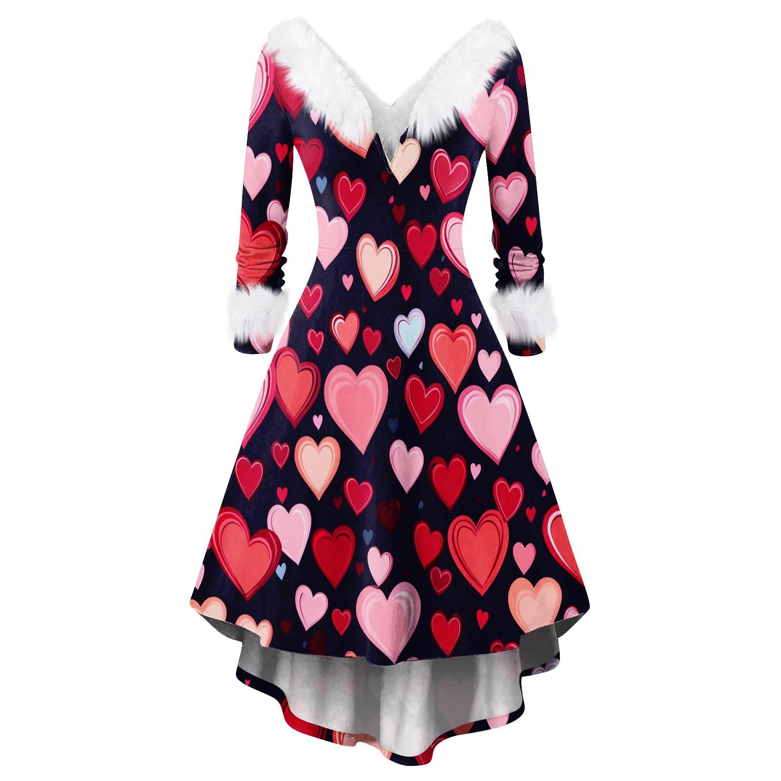

Женское модное повседневное приталенное платье с V-образным вырезом и принтом в виде сердца ко Дню святого Валентина с длинными рукавами из меха XL киноварь