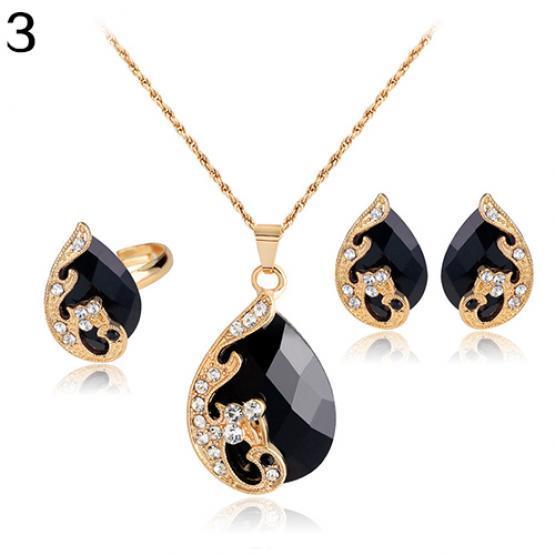Women's Rhinestone Pendant Necklace Earrings Ring Party Wedding Jewelry Set AVE