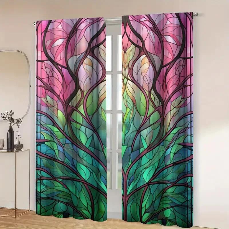 2pcs Floral Stained Glass Window Curtains   Room Darkening   Polyester   Holiday Decor   Home Decor   Rod Pocket Curtains