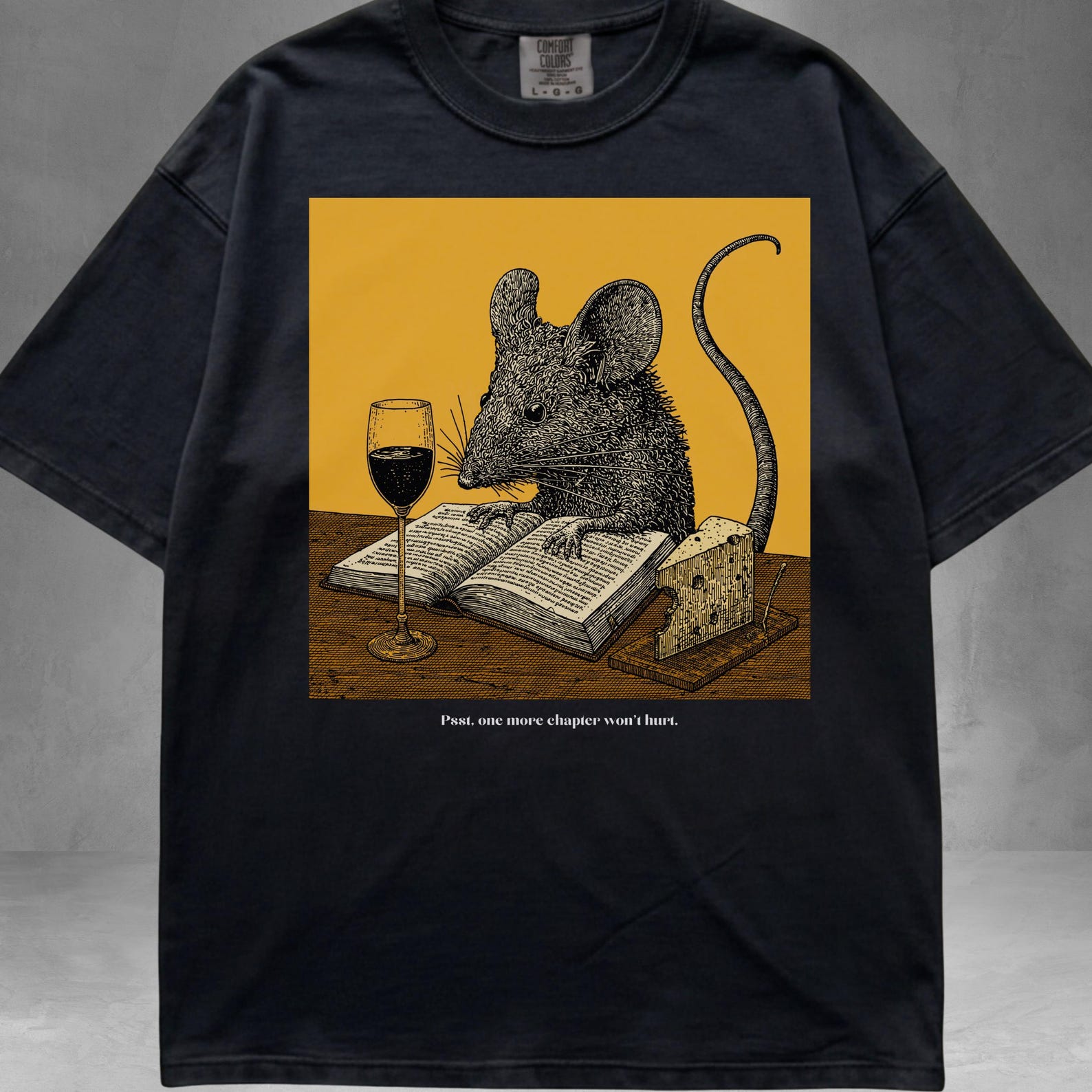 Mouse Reading Graphic Tee | Book Lover Wine Cheese Shirt | Vintage Engraving Style L