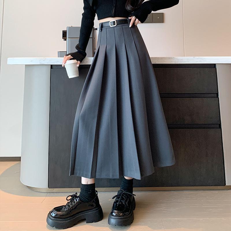 Women's High Waist Wool Pleated Skirt with Belt – Plus Size, Retro, Mid-Length for Autumn and Winter