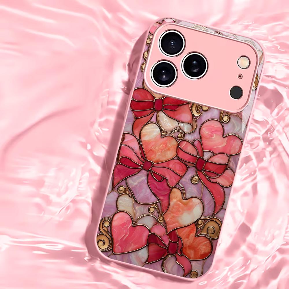 Aesthetic Pink Bow and Heart mobile phones Glass phone case for iphone 17 pro max cover for iPhone 17 16 15 14 13 12 pm Pro Plus