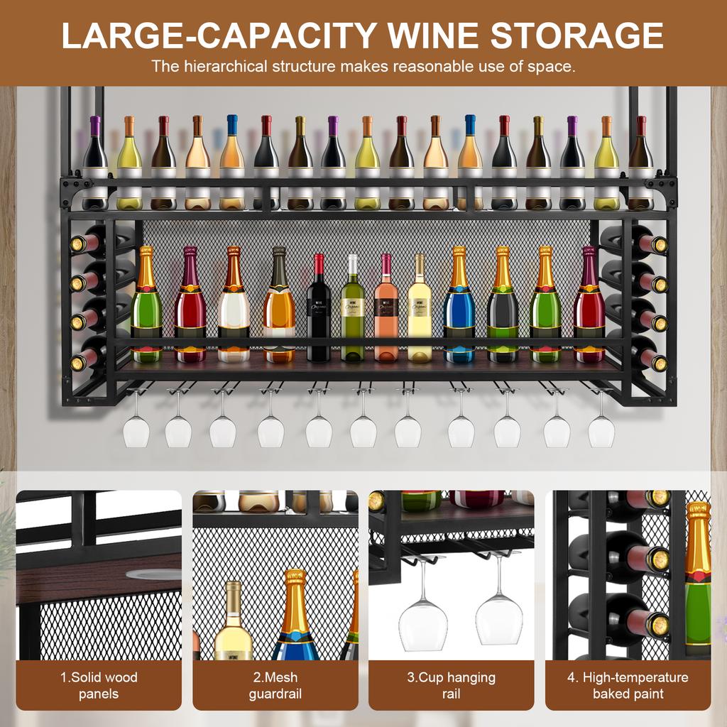 Wall Mounted 2 Tier Wine Rack Simple Type With Light 59.06x21.65x11.81inch For Bar Restaurant Indoor for Kitchen Dining Room Bar