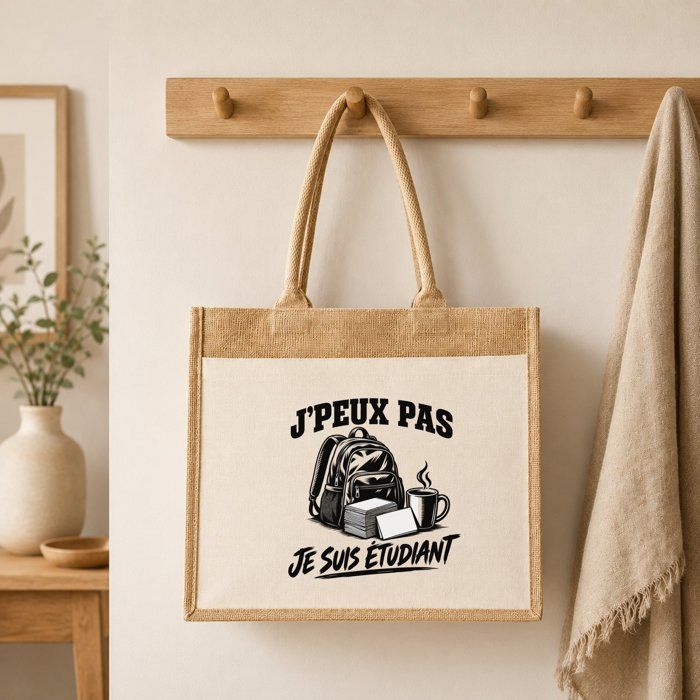 Sac Cabas Jute avec Poche J’peux pas je suis Étudiant J'peux pas minimaliste | Toile de Jute et Coton 21 L Fond Plat Anses 65 cm