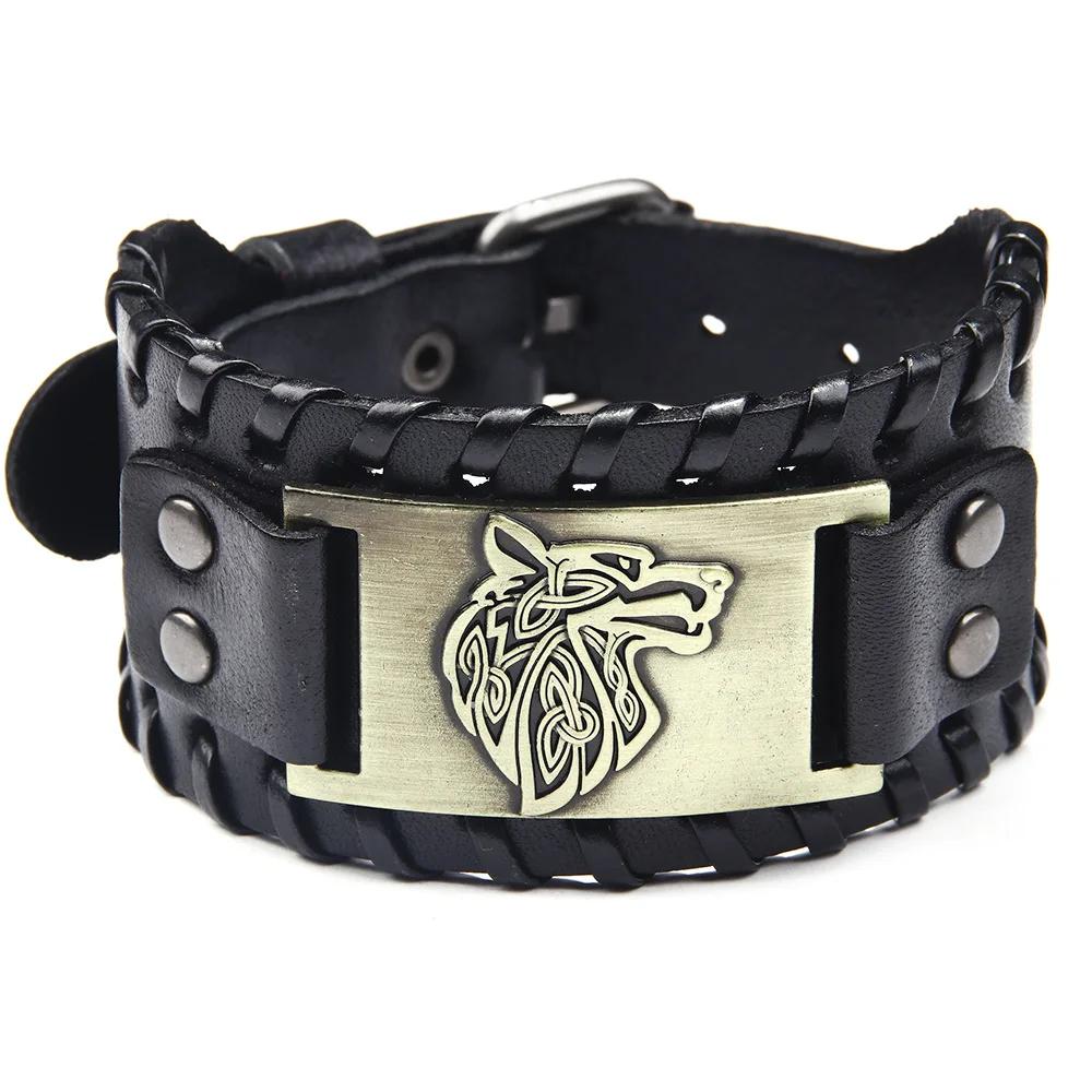 Punk Men Wide Bangle Accessory Wolf Head Charm Bracelet Leather Weave Adjustable Wristband Friendship Jewelry