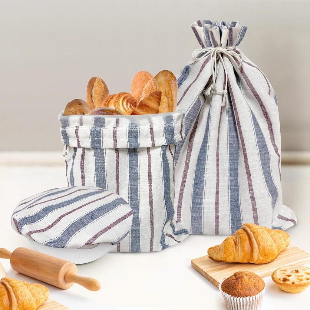 3 Packs Reble Linen Bread Bags for Homemade Sourdough, Large Easy to Clean TPU Lining Storage Bags with Proofing Bowl Cover, Store Bread & Keep